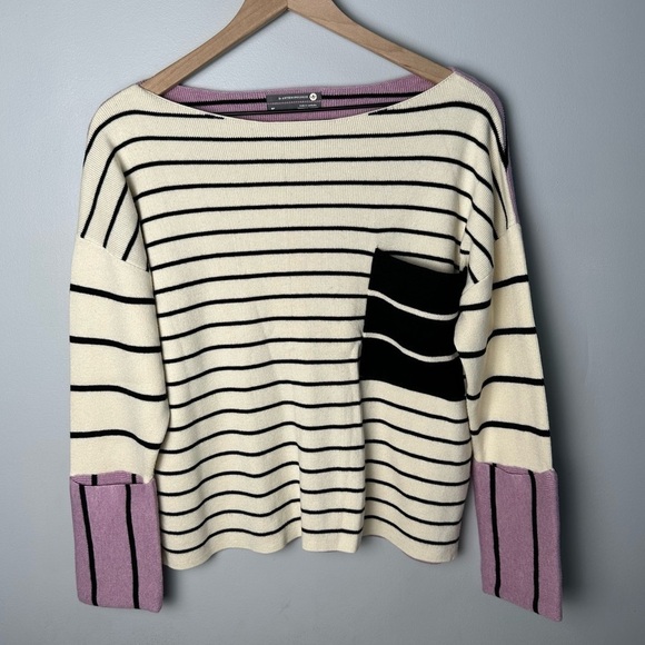 Anthropologie Faye Striped Sweater Pocket Pullover, M Petite, Cream Purple Black - Picture 1 of 10